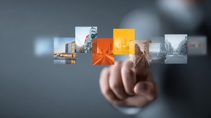 Making a choice, a finger selecting a picture from a variety of options on a touchscreen.